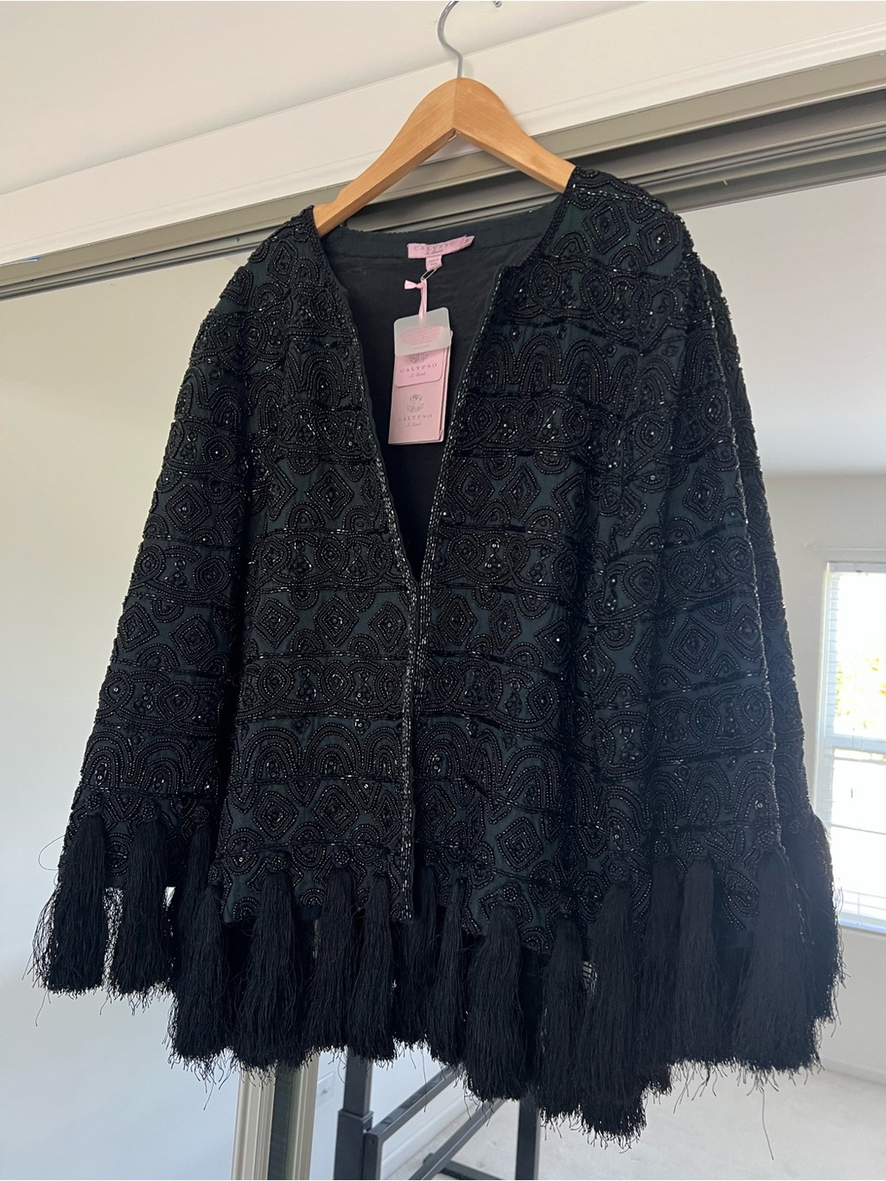 STUNNING Calypso St. Barth Black Beaded Fringe Open Cardigan